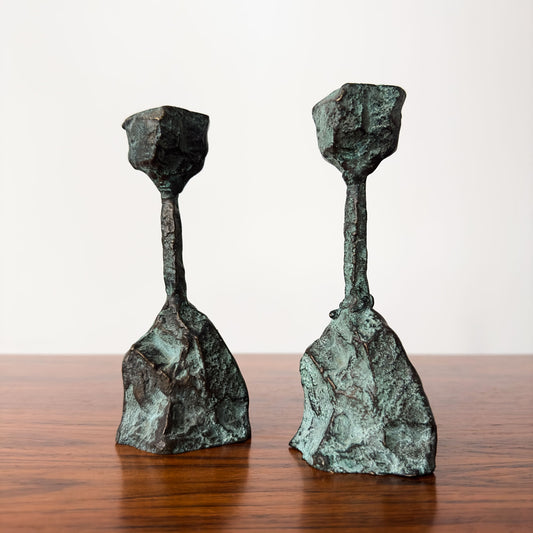 Patinated Bronze Brutalist Style Candlesticks