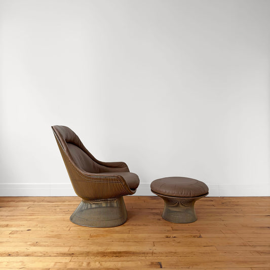 Platner for Knoll Steel Wire and Leather Lounge Chair and Ottoman