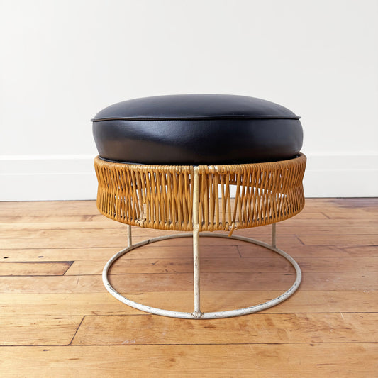 Leather and Rattan Footstool